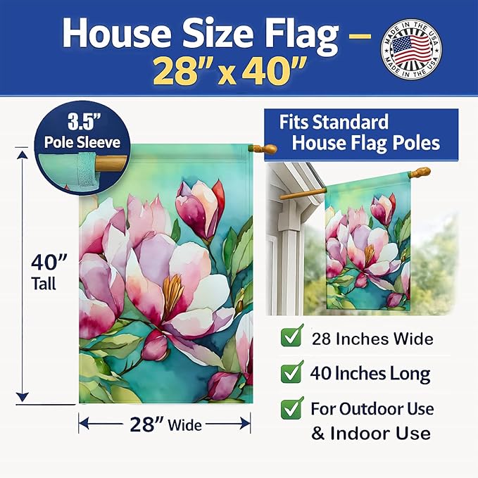 Caroline's Treasures Louisiana Magnolias in Watercolor House Flag Large Porch Sleeve Pole Decorative Outside Yard Banner Artwork Wall Hanging, Polyester, House Size, Multicolor