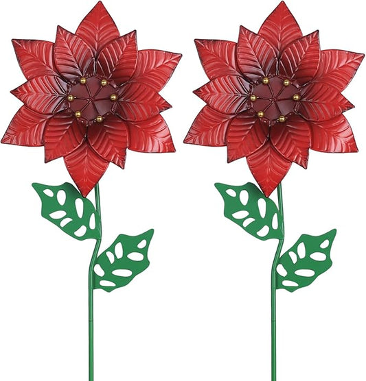 YEAHOME Outdoor Christmas Decorations, Set of 2 Poinsettia Flower Decorative Garden Stakes for Christmas Decor, Metal Red Flowers Xmas Decorations for Outside Garden Yard Lawn Porch