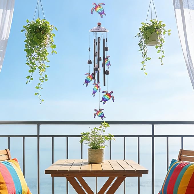Sea Turtle Gifts Windchime - Metal Wind Chimes for Outside with Greeting Card Indoor Outdoor Patio Garden Yard Backyard Balcony Porch Hanging Decor Birthday Gift for Women Men Mom Grandma