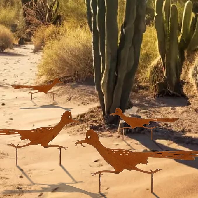 Geelin 4 Pcs Metal Roadrunner Yard Art Southwest Decor Roadrunner Rusty Paint Garden Stakes Desert Bird Animals Silhouette Outdoor Decoration for Courtyard Lawns Backyard Patio Pathway Ornaments
