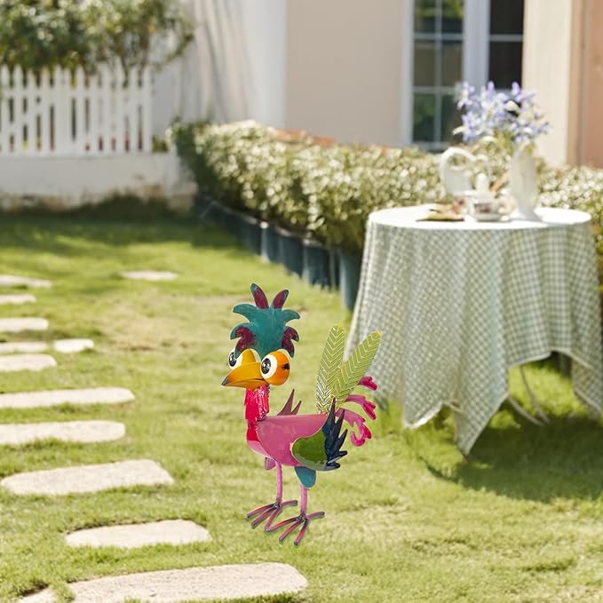 7.9" Garden Rooster Statues Sculpture, Metal Rooster Statues, Outdoor Animal Statue, Chicken Ornaments Yard Art for Backyard Patio Lawn Decorations (Pink)