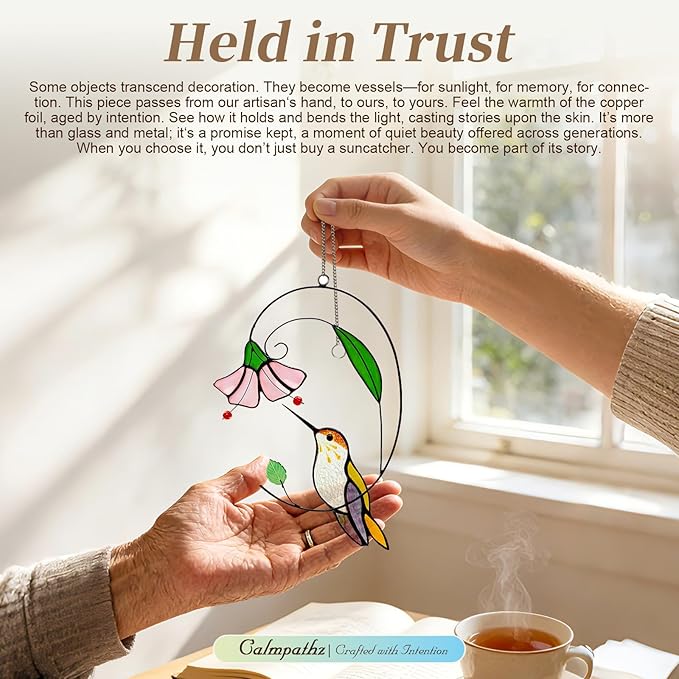 Handmade Tiffany Copper Foil Stained Glass Hummingbird Suncatcher - 8 Inch Real Glass Window Hanging with Flowers, Bird Safe Gift for Grandma, Mother, Women & Bird Lovers, Includes Suction Hooks