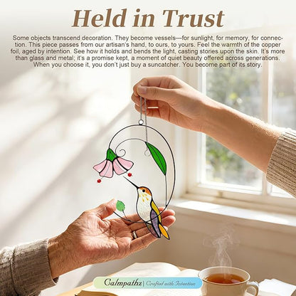 Handmade Tiffany Copper Foil Stained Glass Hummingbird Suncatcher - 8 Inch Real Glass Window Hanging with Flowers, Bird Safe Gift for Grandma, Mother, Women & Bird Lovers, Includes Suction Hooks