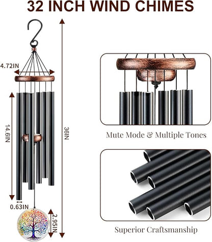 Tree of Life Wind Chimes for Outside, Deep Tone Outdoor Wind Chime with Colorful Wind Catcher, 6 Aluminum Tubes, Garden Porch Patio Decor, Memorial & Birthday Gift (36" Tree of Life)