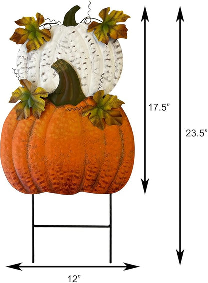 Rustic Metal Stacked Pumpkin Garden Stake Indoor Outdoor Welcome Decoration Hanging Metal Double Pumpkins Yard Signs for Fall Harvest Decor Thanksgiving Halloween Lawn Decoration
