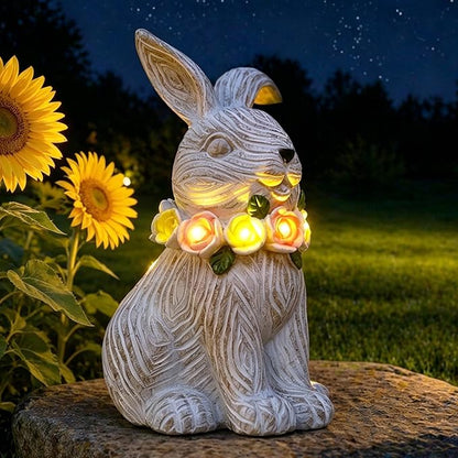 Solar Rabbit Garden Statue - Bunny Decor with Solar Flowers LED Lights Outdoor Yard Garden Decor - Unique Easter Gifts for Mon Women