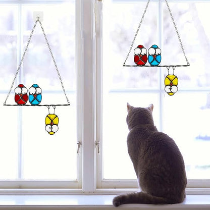 Double-Side High Stained Glass Suncatcher Panel, Multicolor Owls Suncatcher for Windows Doors Room Home Decoration Hummingbird Ornamentand Gifts for Bird Lovers Owl Gifts for Mom,Grandma(red)