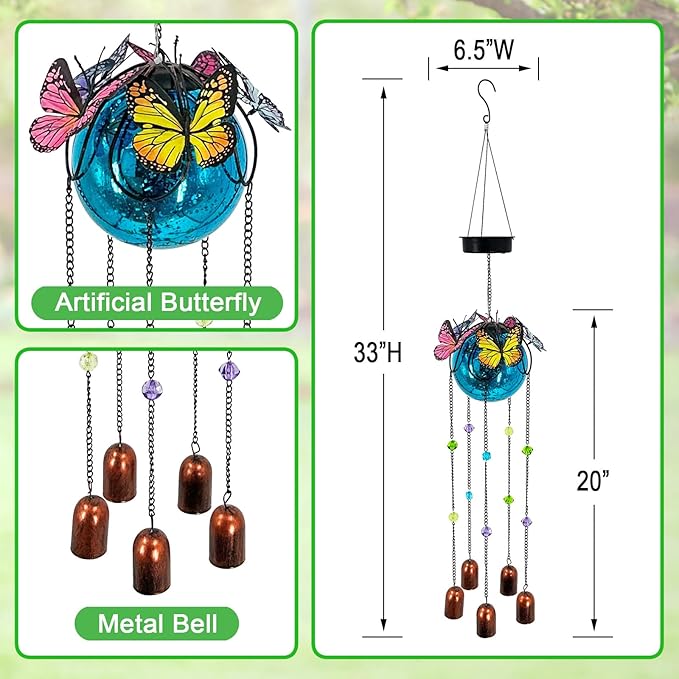 Butterfly Wind Chimes for Outside,Plastic Ball Dangle Solar Lights Outdoor,Waterproof Hanging Yard Decorations for Garden,Patio,Porch