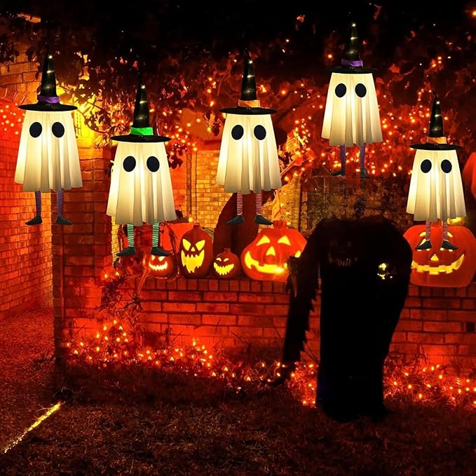Set of 3 Halloween Hanging Ghosts,Halloween Decorations Outdoor Hanging Ghosts with Witch Hat,Glowing Ghost Witch Hat Light, Halloween Ghost Decor for Yard Patio Garden Tree Outside(3 Ghost Lighted)