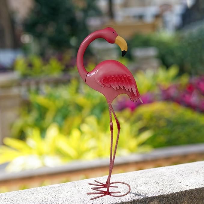 Metal Flamingo Garden Statue Outdoor Yard Art, Iron Animal Figurine Landscape Ornament for Lawn Patio Poolside Decor- Height 48 cm