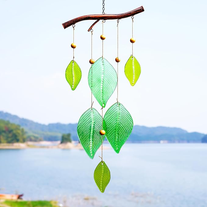 Glass Wind Chimes for Outside,Unique Handmade Windchimes Outdoors with Stained Glass Leaves for Home Window Garden Yard Patio Decor Ornament for Christmas Tree,Green 20"