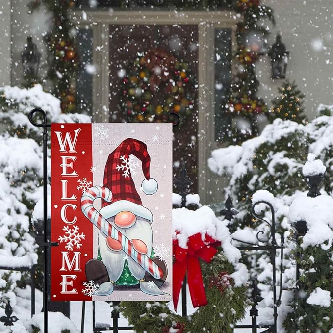 hogardeck Welcome Christmas Garden Flag, Gnome & Candy Polyester Outdoor Christmas Decorations, 12x18 Inch Vertical Double Sided Yard Flag, Snowflake Xmas Decor