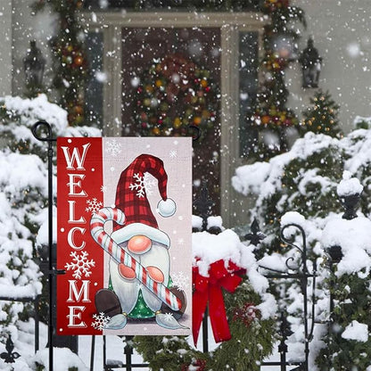hogardeck Welcome Christmas Garden Flag, Gnome & Candy Polyester Outdoor Christmas Decorations, 12x18 Inch Vertical Double Sided Yard Flag, Snowflake Xmas Decor