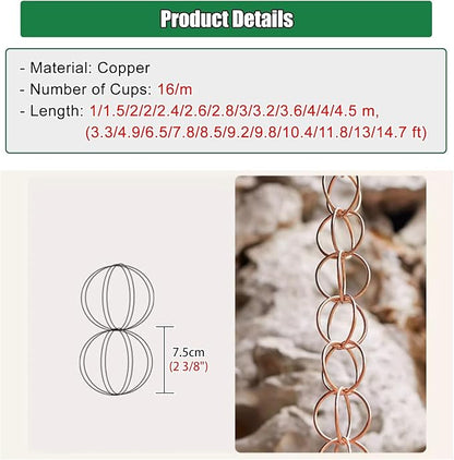 Decorative Rain Chains Waterfall, Copper Rain Gutter Chain Downspout Catcher, 5ft 6ft 7ft 8ft 9ft Decorative Rain Chain for Porch Patio Deck Garden, Outside Divert Water Chains (1.5m/4.9ft)