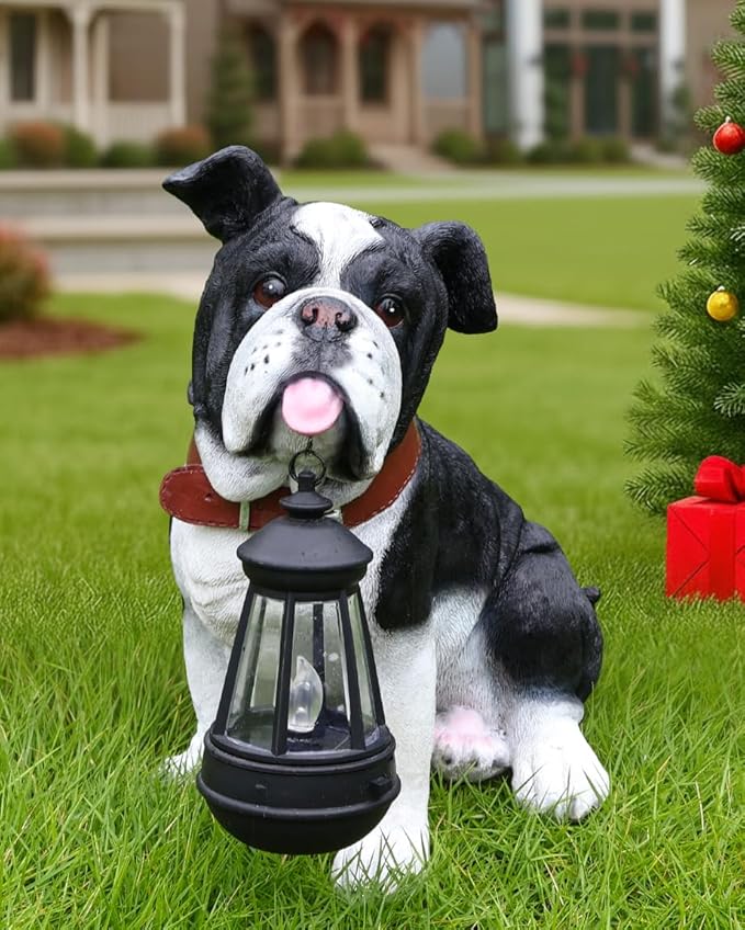 English Bulldog Garden Statue with Solar Lantern & Double-Sided Sign, 12.6" Resin Dog Figurine Outdoor Decor, Black and White Puppy Yard Art for Patio Porch Lawn Ornament, Dog Lover Gifts