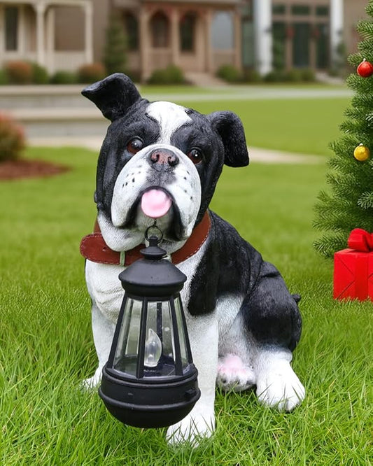 English Bulldog Garden Statue with Solar Lantern & Double-Sided Sign, 12.6" Resin Dog Figurine Outdoor Decor, Black and White Puppy Yard Art for Patio Porch Lawn Ornament, Dog Lover Gifts