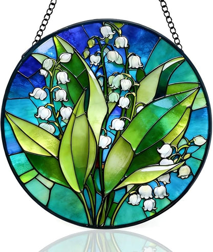 Stained Glass Window Hanging, Lily of The Valley Sun Catchers Glass Panel, Suncatcher Window Decor 8", Birthday for Women Men Mom and Friend Colleague