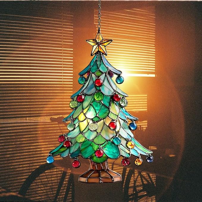 Mosaic Style Christmas Tree Ornaments Acrylic Suncatcher Stained Glass Effect Window Car Hanging Christmas Ornament Indoor Outdoor Decor Garden Sun Catcher Panel for Women Mom Grandma