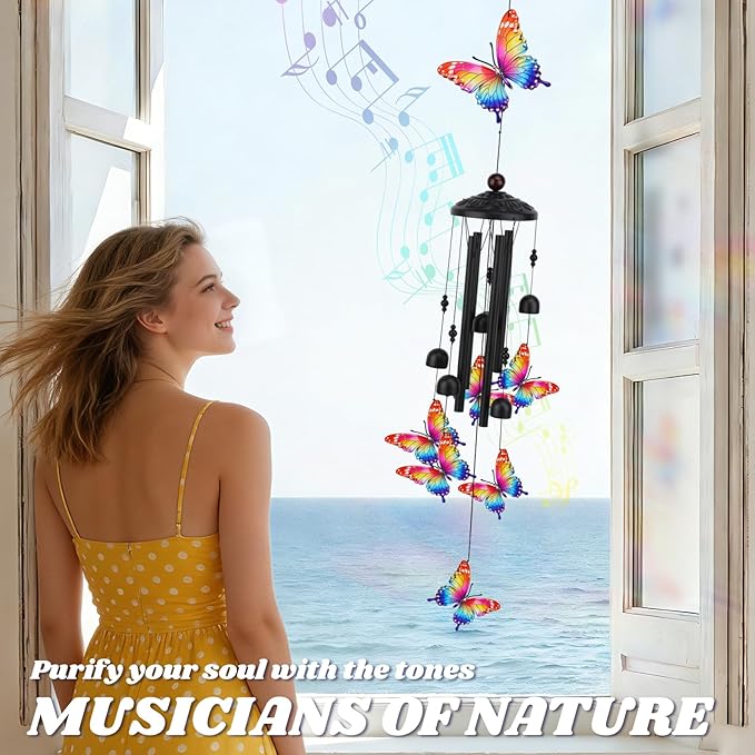 Butterfly Wind Chimes for Outside, Mothers Day Anniversary Housewarming Gifts for Mom Grandma Wife, Spring Decor Gifts for Women Sister Friends, Sympathy Memorial Wind Chime