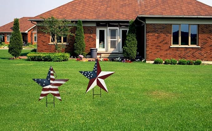 Linfevisi American Flag Star Yard Signs 17.3 Inch 2 Pack of Metal Patriotic Barn Stars Garden Stakes US Flag Outdoor 4th of July Decorations Memorial Day Yard Art Lawn Ornaments Patio for Outside