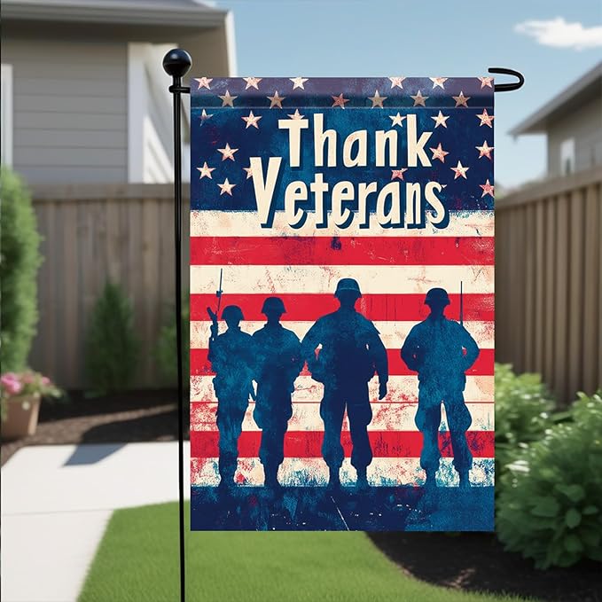 Spring Summer Garden Flag 12x18 Inch Thank Veterans Patriotic American Outdoor Military Silhouette Tribute Design Outdoor Yard Porch Lawn for Seasonal Americana Home Decor