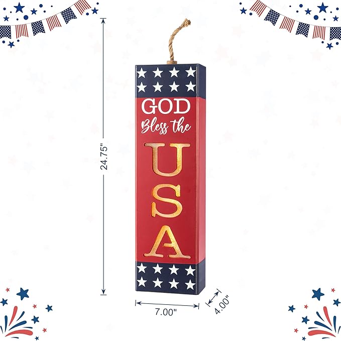 Glitzhome 24.75"H Wooden Patriotic Porch Sign, 4th of July Firecracker Decoration, Rustic Memorial Day Decor, American Flag Independence Day Yard Sign, Home Front Door Decoration