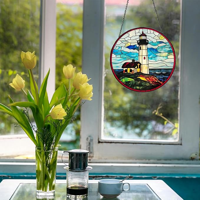 Ocean Lighthouse Stained Glass Window Hanging, 7.8" Hand-Painted Sun Catcher Glass Panel Wall Art Decor with Chain, Lighthouse Gifts for Women Mom Grandma, Outdoor Indoor Art Decor for Home Garden