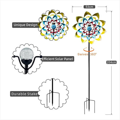 Outdoor Wind Spinner with Garden Stake 82.7" Metal Two-Way Wind Sculptures Solar Color Changing Lights Large Windmills for Garden,Patio,Yard,Lawn Decor Gifts Flower