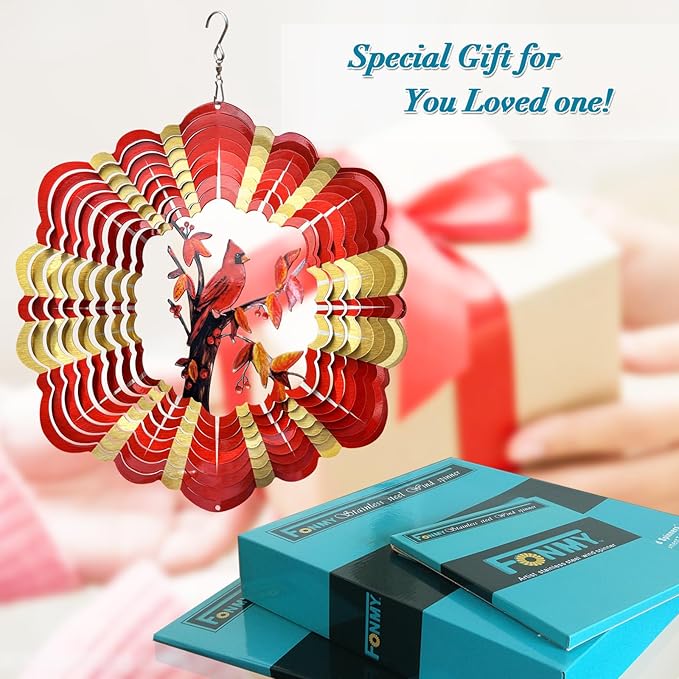 FONMY Cardinal Wind Spinner Mandala 3D Stainless Steel Hanging Wind Spinners Worth Gift Christmas Decoration Indoor/Outdoor Garden Décor Kinetic Yard Art 12 Inches Multi Red Wind Sculpture