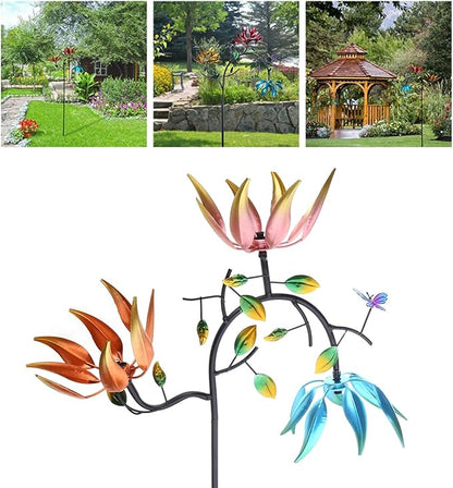 Colorful for Garden Outdoor Large Sculpture Stake Metal Wind Spinner with Flower Butterflies 18x7x49''