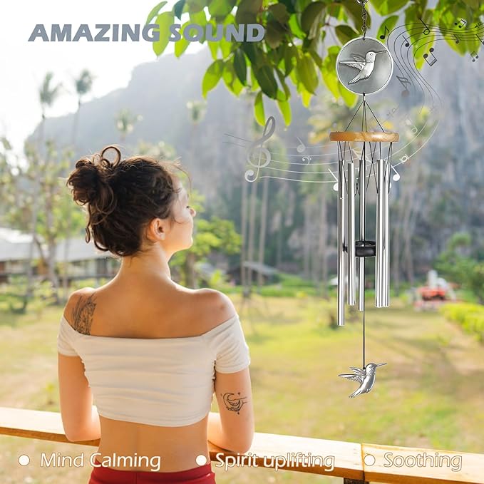 Hummingbird Wind Chimes for Outside,29 "Outdoor Wind Chimes Hummingbird Gifts for Women/Mother/Father/Christmas/Unisex,Unique Windchimes Outdoors Patio Home Yard Garden Decor(Silver)