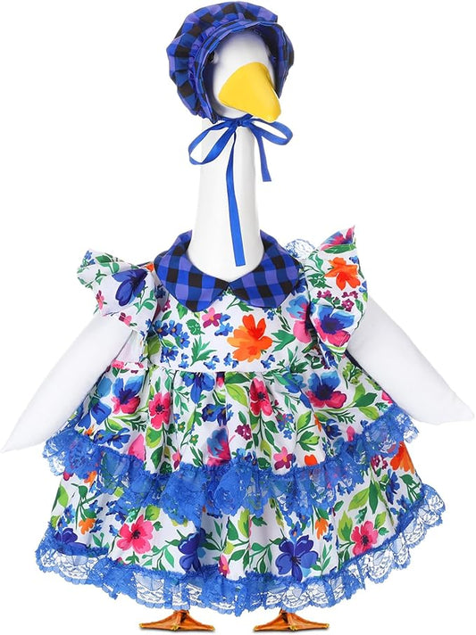 Abbylike 1 Set Spring Porch Goose Outfits Flower Lolita Dress Hat Floral Goose Clothes Costume Fits Large 23'' Cement for Spring Summer Outdoor Garden Yard Patio Lawn Statue Pathway Art Decorations