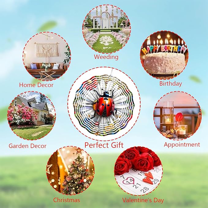 Ladybug Wind Spinner 3D for Outdoor Decor, Stainless Steel Hanging Wind Spinner, Kinetic Art 10 inch Ornament Spinner for Garden Decoration