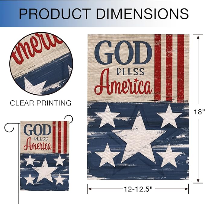 Hzppyz God Bless America 4th of July Patriotic Garden Flag Double Sided, USA Memorial Day Stars Stripes Vintage Decorative Yard Outdoor Home Small Decor, American Outside House Decoration 12 x 18