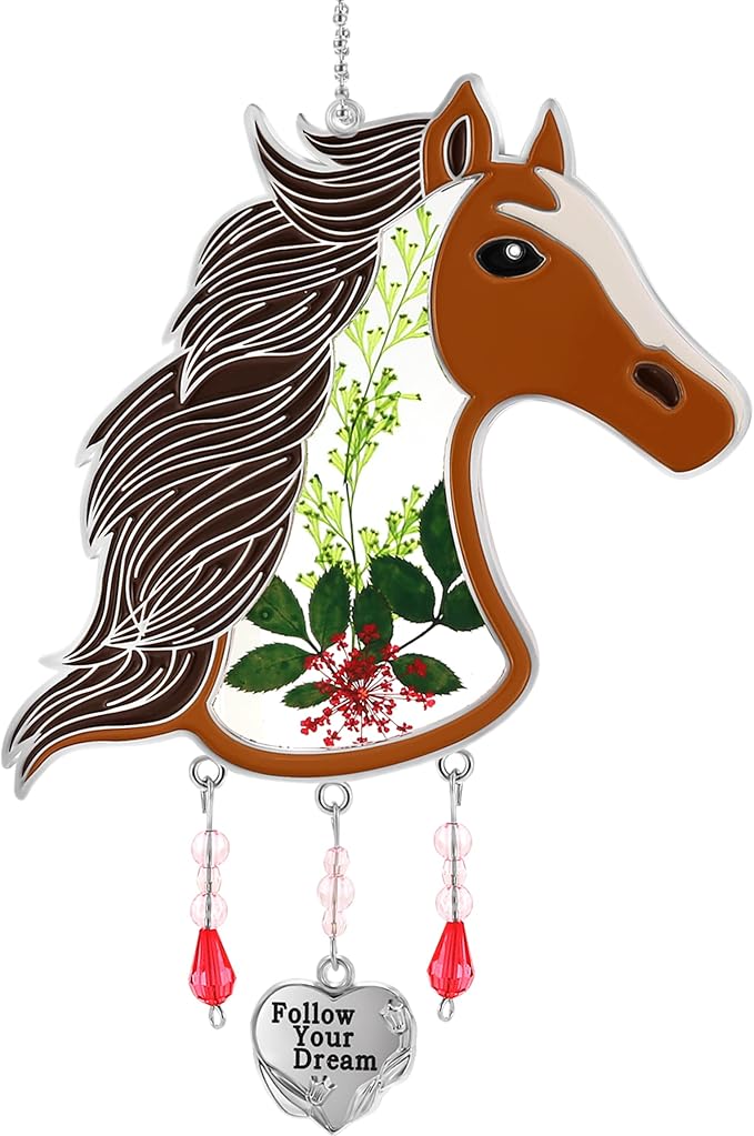 KY&BOSAM Horse Head Suncatcher Glass Hand-Painted Follow Your Dream Suncatchers Ornament hangings Wind Chime with Pressed Flower Horse Embedded in Glass Window Mother`s Day Birthdays…