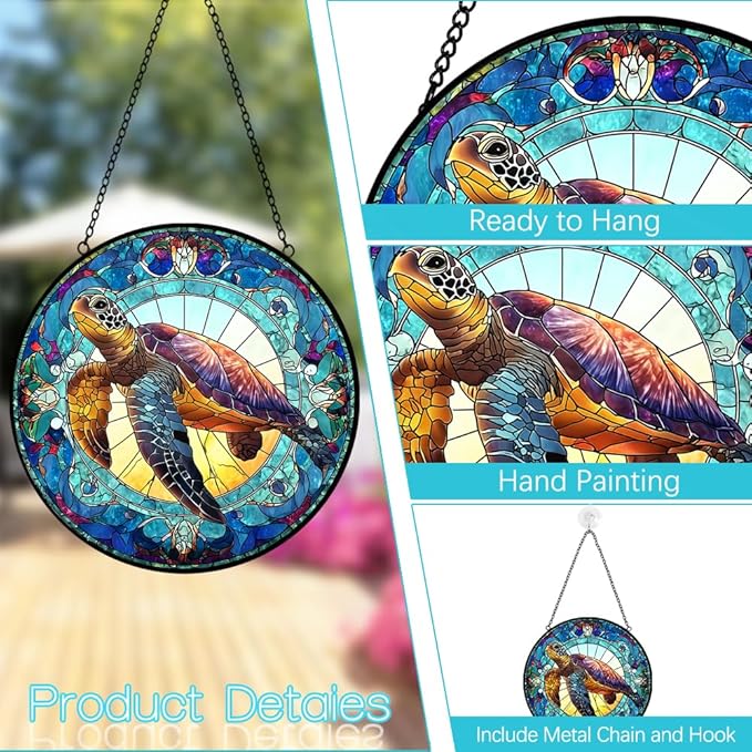 Sea Turtle Suncatcher Stained Glass Window Hanging - 8″ Handmade Suncatchers for Windows Christmas Decorations - Sea Glass Sun Catchers Wall Decor Glass Panel - Sea Turtle Gifts for Women Men Mom
