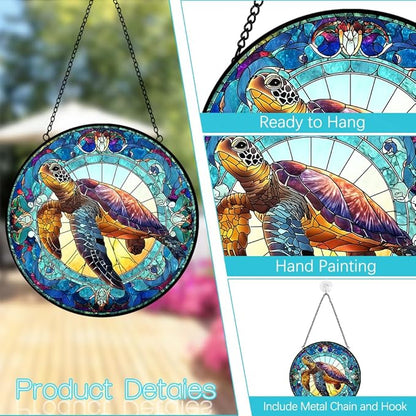 Sea Turtle Suncatcher Stained Glass Window Hanging - 8″ Handmade Suncatchers for Windows Christmas Decorations - Sea Glass Sun Catchers Wall Decor Glass Panel - Sea Turtle Gifts for Women Men Mom