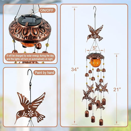 Solar Wind Chimes for Outside, Metal Hummingbird Wind Chimes with Cracked Glass Lights,Hanging Solar Lights for Outside,Yard,Patio,Garden,Porch Decor