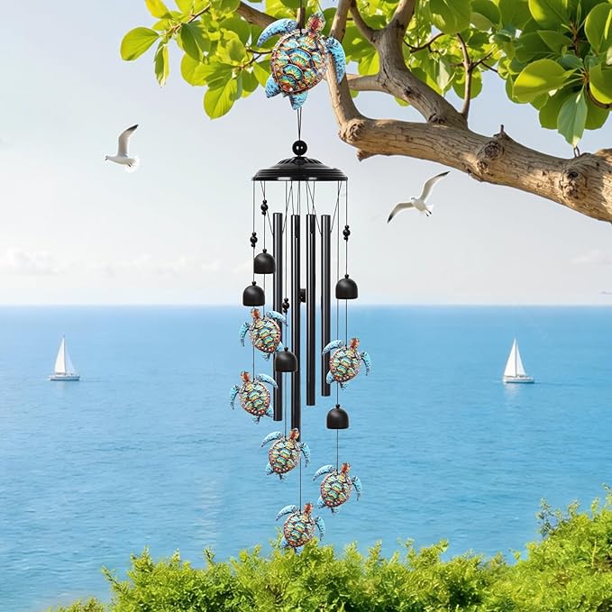 Sea Turtle Wind Chimes Outdoor with 4 Aluminum Tubes 36" Decorative Turtles Gifts for Women Rustic Design Hanging Wind Chime for Outside with Ring Home Decor for Garden Patio Yard Window