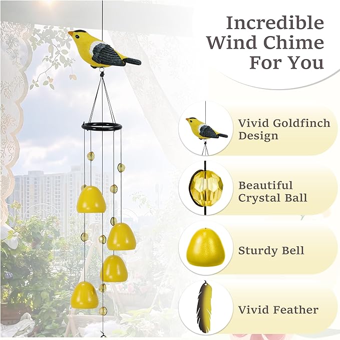 Bird Wind Chimes for Outside，Goldfinch Bird Gifts，Yellow Bird Wind Chimes Outdoor Decorations, Mother‘s Day Gifts for Mom/Grandma,Garden Patio Backyard Hanging Decor.