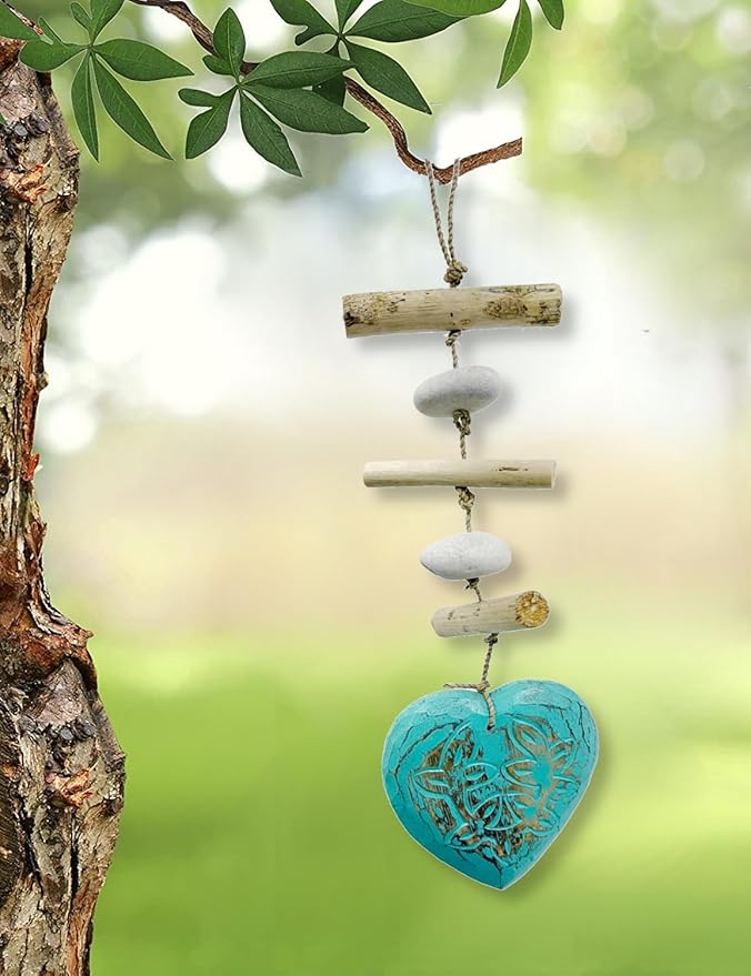 Heart Driftwood Hanging Coastal Decor - Beach Wood Stone Garland Indoor Outdoor Patio Garden Gift 15" Teal