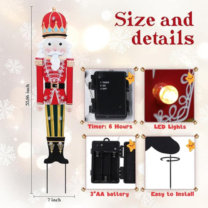 WONDER GARDEN Christmas Metal Yard Stakes, Lighted Nutcracker Soldier Garden Stake Yard Signs, Outdoor Christmas Decorations for Lawn Party Outside Decor
