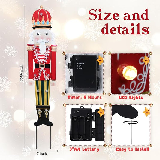 WONDER GARDEN Christmas Metal Yard Stakes, Lighted Nutcracker Soldier Garden Stake Yard Signs, Outdoor Christmas Decorations for Lawn Party Outside Decor