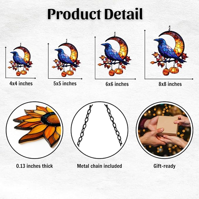 Cresent Moon Pumpkin Raven Acrylic Suncatcher Stained Glass Effect Window Car Hanging Christmas Ornament Indoor Outdoor Decor Garden Sun Catcher Panel for Gothic Lover for Women Mom Grandma