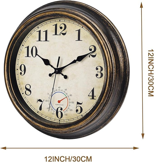 Outdoor Clocks Waterproof with Thermometer Vintage Wall Clock Decor for Bathroom Patio Pool Garden(12 Inch)