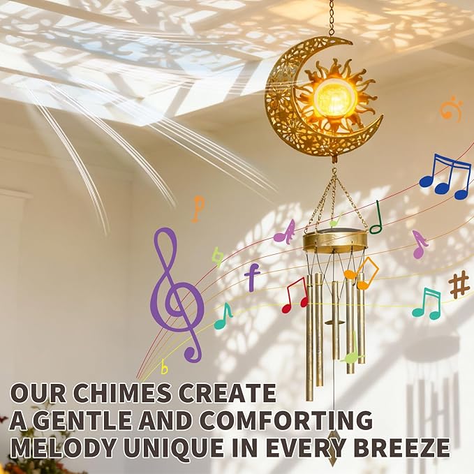 YAKii Sun Moon Solar Wind Chimes for Outside Lights Prefert Gifts for Mom Wife Unique Crackle Glass LED Warm Light Outdoor Hanging Decor Windchimes for Garden Yard Patio Christmas Birthday Mothers Day