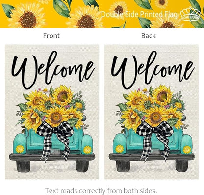 CROWNED BEAUTY Summer House Flag Sunflowers Truck 28x40 Inch Double Sided Large Burlap Holiday Flag for Outside Yard Welcome CF1493-40