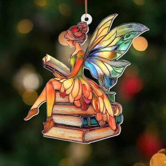 Reading Fairy Book Ornament – Stained Glass Style Acrylic Christmas Ornament, Book Lover Gift for Women, Teacher & Librarian Book Club Decorations, Fantasy Ornament Holiday Décor(Sun-15)