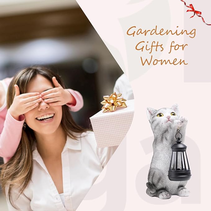 Solar Cat Garden Statue - Outdoor Cat Statues with Lantern Lights for Garden Yard Art Lawn Ornaments Porch Patio Balcony Home House Gardening Gifts for Women Grandma Mom