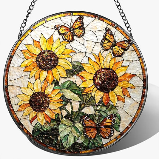 Stained Glass Suncatcher Window Hanging, 7.8 Inch Handmade Sunflower Garden suncatchers, Suncatcher Home Decor,Gift for Women, Mom, Grandma (Sunflower)
